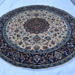 8x8 ft Traditional Round Rug, Afghan Handmade Flower Circle Rug, White Blue Floral Wool Rug, Rugs Living Room, Gaming Rug, Circular Rug Carpet